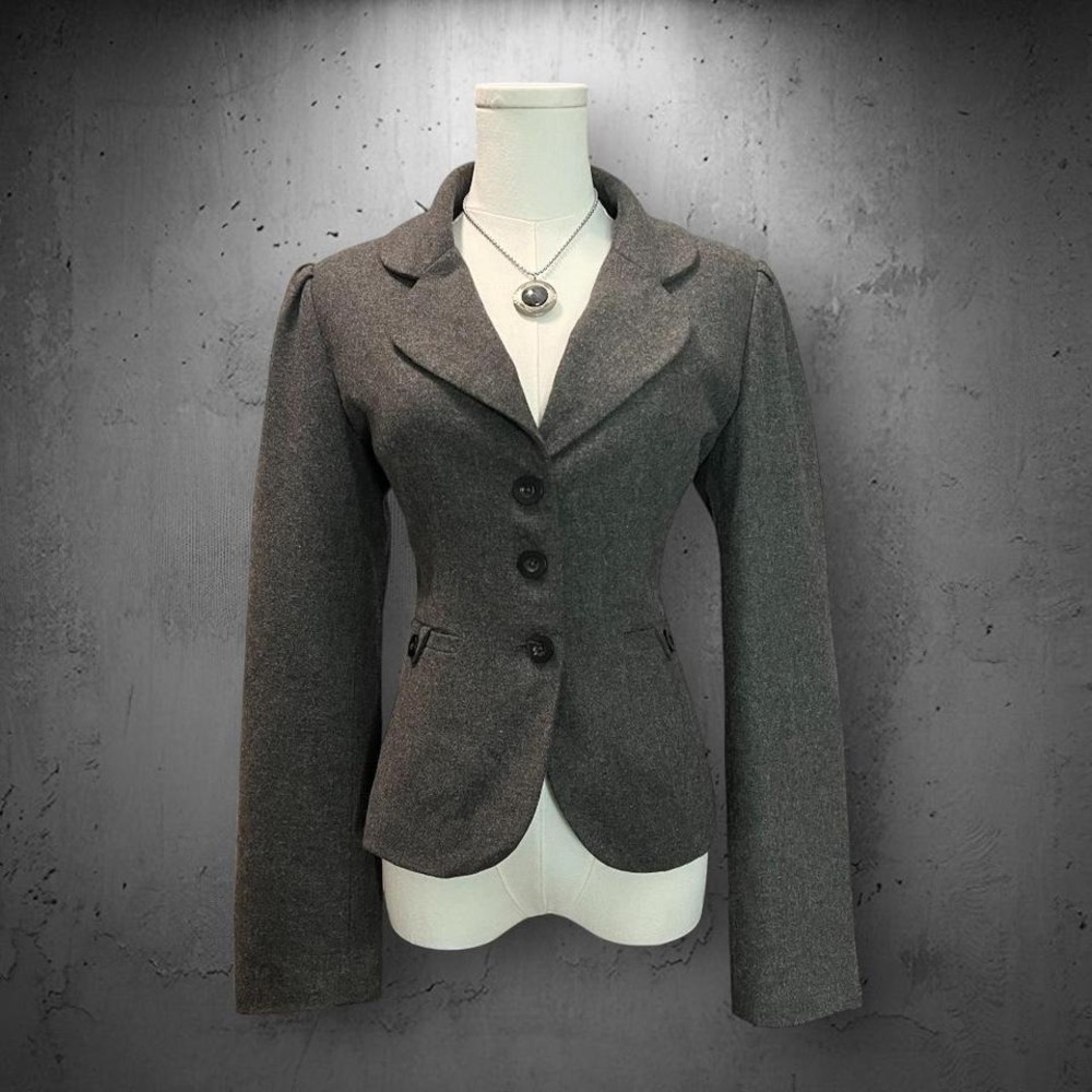 Gray Wool Tailored Academia Long Sleeve Collared Blazer Jacket